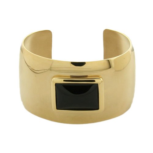 Best Buy Cheap Ladies Gold Plated Stainless Steel Gold Plated Cuff Bracelet with Black Onyx Accent, 7.75″ Reviews