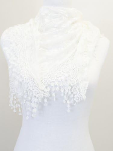 VegasHorizon Lightweight Women's Translucent Triangle Lace Scarf with Floral Pattern - White