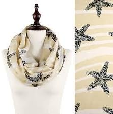 Womens Beige Starfish Pattern Prints Infinity Scarf. Approx. 27" W X 68" L. 100% Polyester.