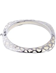 Silver Enamel Plated 7.50" Polish 6.4mm Square Like With Spotted White And Side Clasp Bangle