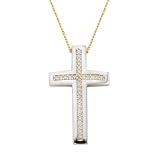 Zircon Cross Pendant Necklace In 14 Karat Gold With Chain