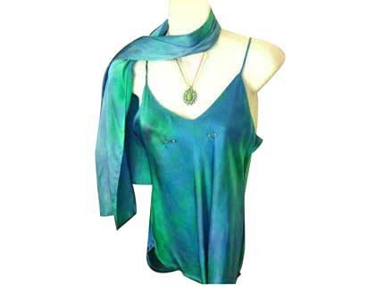 ArtisanStreet's Hand Painted Silk Camisole. Blend Of Jade Green & Blue Complimented By Rhinestones.