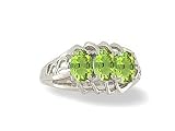 14K White Gold Genuine Oval Peridot 3-Stone Ring