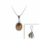 Sterling Silver Genuine Tiger Eye Stone Bali Beaded Oval Pendant