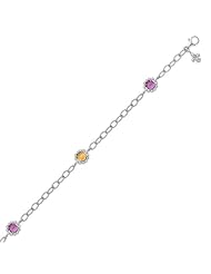 Round Amethyst Flower Motif Stationed Bracelet in 18K Yellow Gold and Sterling Silver