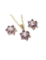 Peninsula Jewellery 9Ct Gold Amethyst And Cz Cluster Pendant And Earring Set