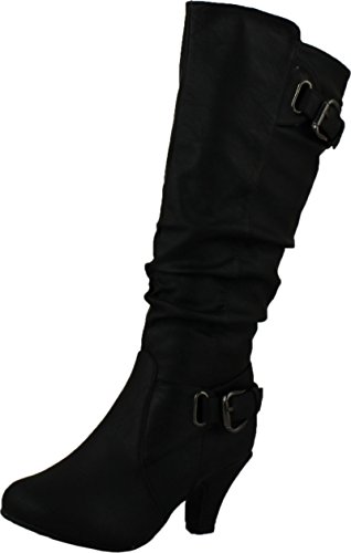 Top Moda Womens Bag-55 Knee High Buckle Slouched Kitten Heel Boots