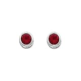 .925 Sterling Silver Rhodium Plated 5mm July Birthstone Round Bezel CZ Solitaire Basket Stud Earrings for Baby and Children & Women with Screw-back (Ruby, Light Red)