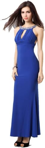 Beading Hollow Out Jewel Neck Fishtail Evening Dress LC873 Blue XS