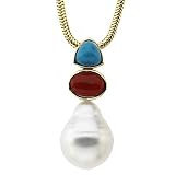 14K White or Yellow Gold Paspaley South Sea Cultured Pearl, Turquoise and Red Coral Pendant