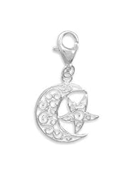 Filigree Moon and Star Charm with Lobster Clasp Sterling Silver