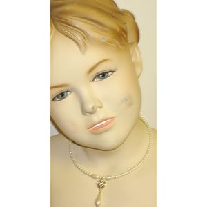 One Strand Ivory Simulated Pearl Choker Necklace Gold Plated Crystals Pendant and Earrings for...