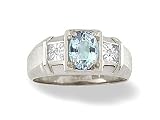 14K White Gold Genuine Oval Aquamarine and Diamond Men's Ring