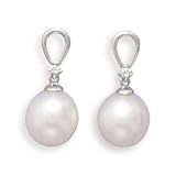 18K White Gold Post Earrings Featuring a 9.5-10mm Cultured Freshwater Pearl and Diamond Drop