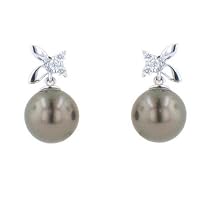 14k White Gold 8.5-9mm Tahitian Pearl Earrings w/ Diamond Accent (.087cttw)