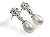 14K White Gold Drop Earrings with Diamonds and Pearls