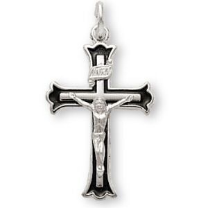 Sterling Silver Crucifix with Black Inlay and 18-inch Chain