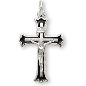 Sterling Silver Crucifix with Black Inlay and 18-inch Chain by Crucifixes