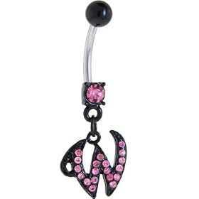 Black Anodized PINK Jeweled Initial Belly Ring-LETTER "W" by 