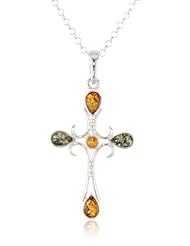 Sterling Silver Multi-Color Amber Gothic Cross Pendant Necklace on Rolo Chain, 18"