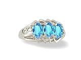 14K White Gold Genuine Oval Blue Topaz 3-Stone Ring