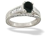 14K White Gold Genuine Oval Black Onyx and Diamond Antique Style Ring