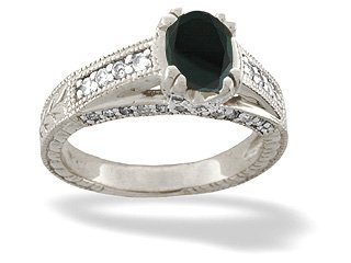 Childrens Toyshop  Jewelry : 14K White Gold Genuine Oval Black Onyx and Diamond Antique Style Ring
