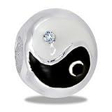 DaVinci Chinese Yin Yang Black/White Symbol with Ice CZ Crystal Accent Double Sided European/Memory Charm Double Sterling Layered Bead – Fits Pandora Bracelets