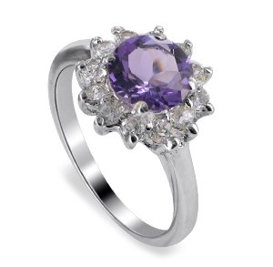 Round Cut Amethyst Gemstone Ring Sterling Silver Band