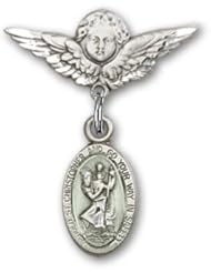 Sterling Silver Baby Badge with Blue St. Christopher Charm and Angel with Wings Badge Pin