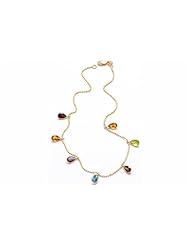 14K Yellow Gold Beaded Diamond Cut 10" Anklet Bracelet, set with multi-colored dangling semi-precious stones