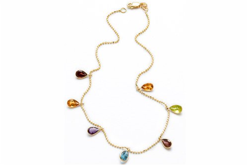 14K Yellow Gold Beaded Diamond Cut 10 Anklet Bracelet, set with multi-colored dangling semi-precious stones