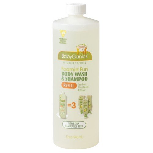 BabyGanics Foamin' Fun Foaming Body Wash & Shampoo, Gentle Newborn Formula, Fragrance Free, Refill, 33.8-Fluid Oz Bottle, Packaging May Vary