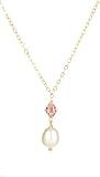 Gold Plated Sterling Silver Pink Tourmaline Crystallized Swarovski Elements Bicone Bead and White Freshwater Cultured Pearl Drop Pendant Necklace, 18