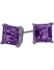 0.65Ct. Genuine 4mm Square Princess Amethyst 14 Karat White Gold Stud Earrings for Girls