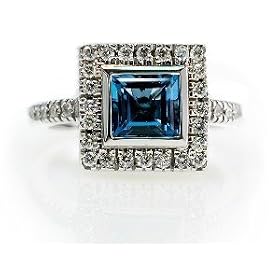 18K White Gold Square-Shape Aquamarine Color-Stone Ring, Enhanced with Pave... by I.Reiss