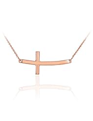14k Solid Rose Gold Sideways Curved Cross Necklace