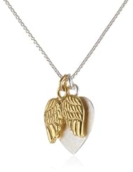 Two-Toned Sterling Silver with Yellow Gold Flashed "Faith" Heart Charm with Angel Wings Necklace, 18"
