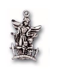 Sterling Silver 3D Guardian Angel Religious Charm Looking Over Two Children