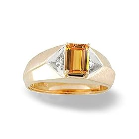 14K Yellow Gold Genuine Emerald-cut Citrine and Diamond Men's Ring
