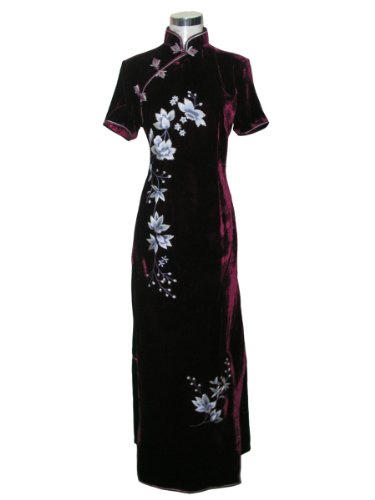 Burgundy silk velvet flower embroidery dress