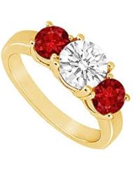 Three Stone Ruby and Diamond Ring 14K Yellow Gold - 1.50 CT TGW