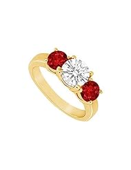 Three Stone Ruby and Diamond Ring 14K Yellow Gold - 1.50 CT TGW