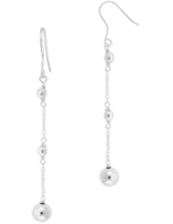 Sterling Silver Graduated Three Medium Bead and Chain Linear Drop French Wire Earrings