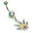 Jamaican Pot Leaf Belly Navel Ring Dangle Belly Button 14G 3/8 Bar Length Belly Piercing + 1 Free Belly Retainer