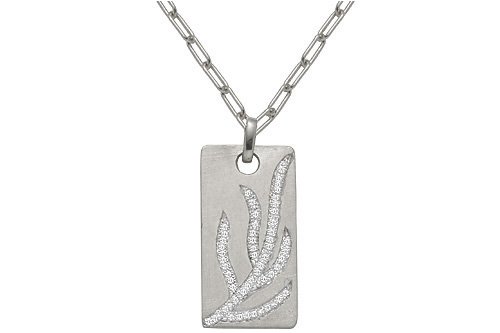 14K White Gold Hand-Crafted Matte-Finish Plate Pendant, Enhanced with a Pave Set Diamond Branch, Sliding on a 17 Open-Link Necklace.