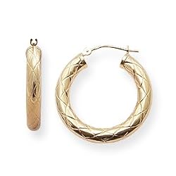 14k Yellow Gold Bold Diamond Pattern Cut 1" Hoop Earrings, 4mm thick x 25mm, Medium (M) Size, HypoAllergenic - $169 SALE
