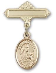 14K Gold Baby Badge with St. Therese of Lisieux Charm and Polished Badge Pin