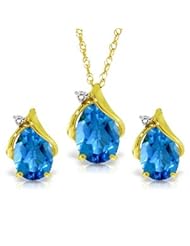 14k Yellow Gold Teardrop Blue Topaz with Diamond Accent Necklace and Earring Set
