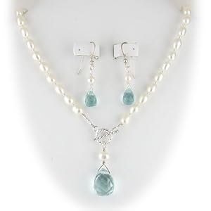 Aqua Quartz Briolette Freshwater Pearl Lariat Necklace Earrings Set